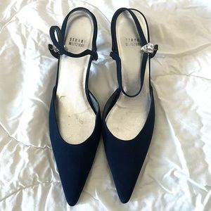 Stuart Weitzman Trianglow navy blue sling back pointy toe kitten heels
